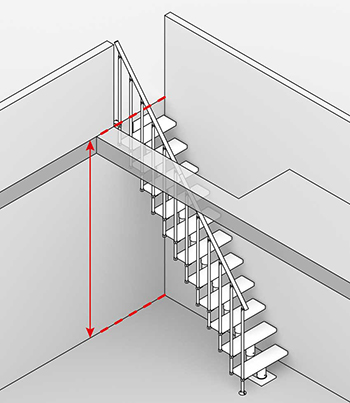 Diagram of a straight staircase with red arrows showing height and length measurements.