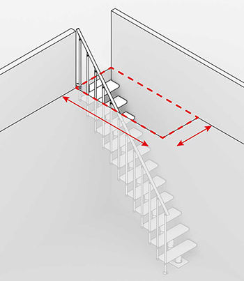 Diagram of a straight staircase with red arrows showing the measurements of the opening.