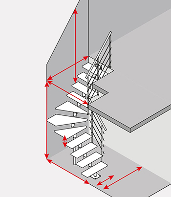 Diagram of a quater turn staircase with red arrows indicating key dimensions like height, radius, and tread angles.
