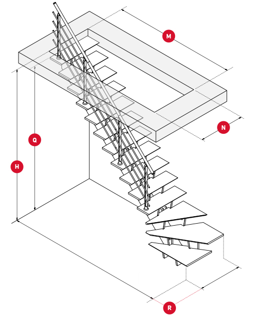 Isometric diagram of a staircase with labeled dimensions, including height, width, and tread length.