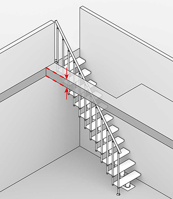 Diagram of a straight staircase with red arrows showing the measurements of the floor thickness.
