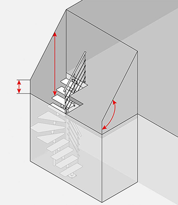Diagram of a 1/4 turn staircase with red arrows showing the measurements of the space required under the attic.